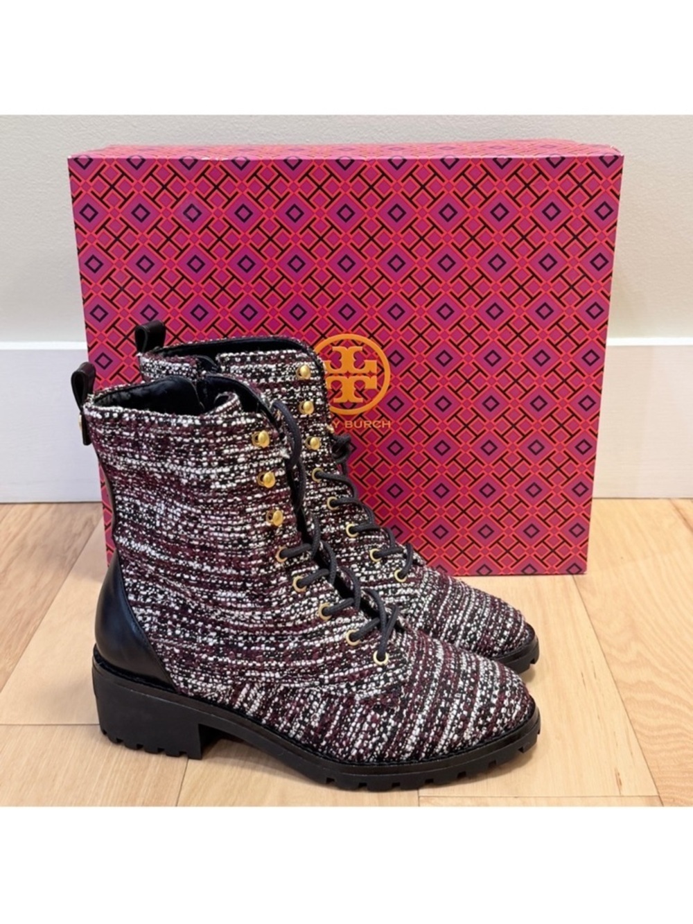 NWB Tory Burch Women’s Combat Lug Sole Tweed Leather Boots